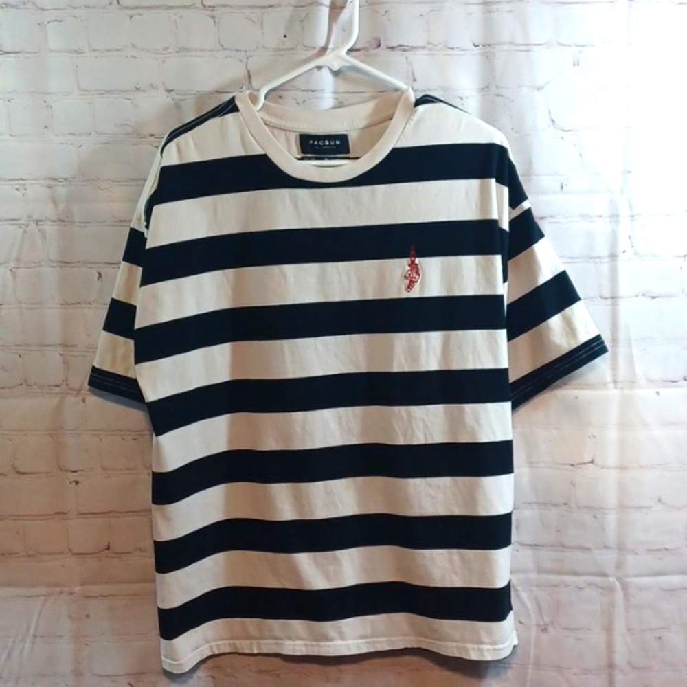 Pacsun Short Sleeve Crew Neck  Stripped Short Sleeve Embroidery Logo Shirt M